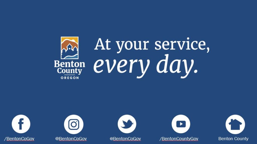 A Benton Blue PowerPoint slide with Benton County's vertical logo on the left and [TEXT]: At your service, every day, above circular white icons of Facebook, Instagram, Twitter, YouTube, and Nextdoor.