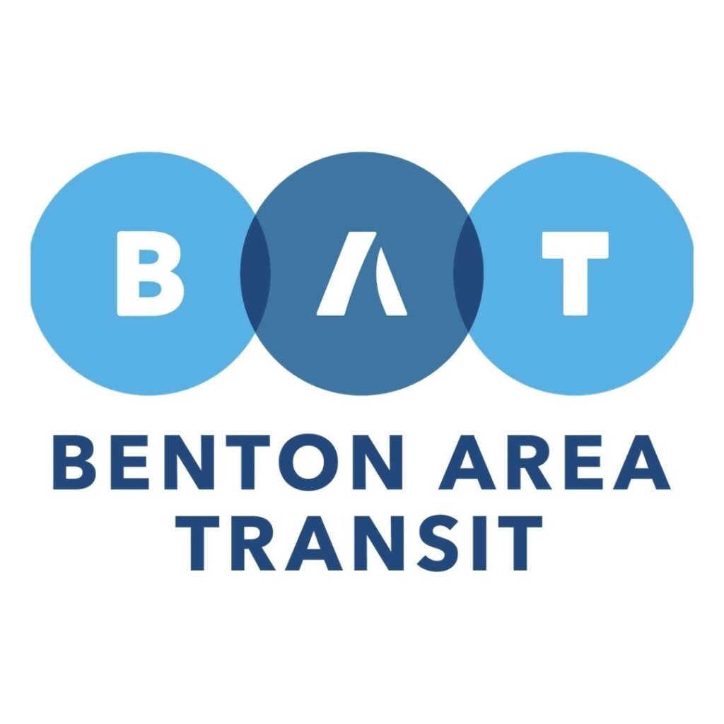 Benton Areat Transit (BAT) logo with three blue-filled circles around "B", "A", and "T".
