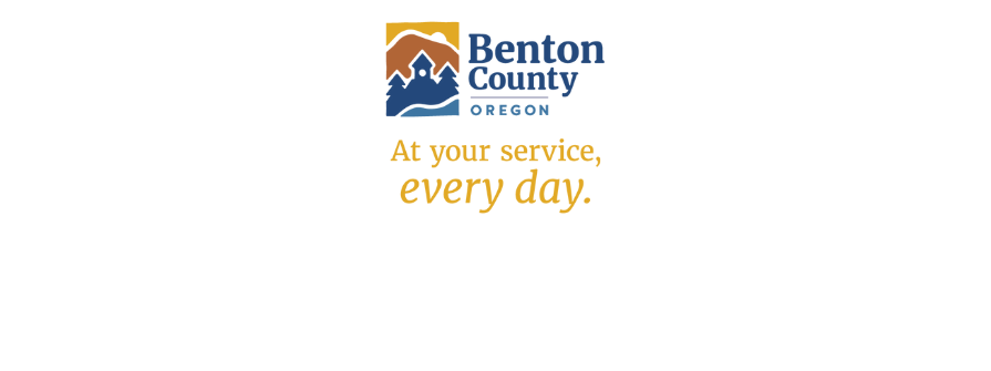 Benton County logo in blue with "At your service, every day" slogan in gold.