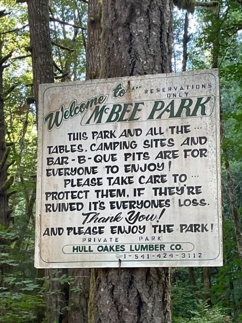A sign welcomes visitors to the Hubert K McBee Campground near Alsea Falls, Oregon.