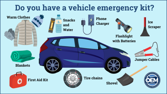 A graphic asks community members if they have a vehicle emergency kit.