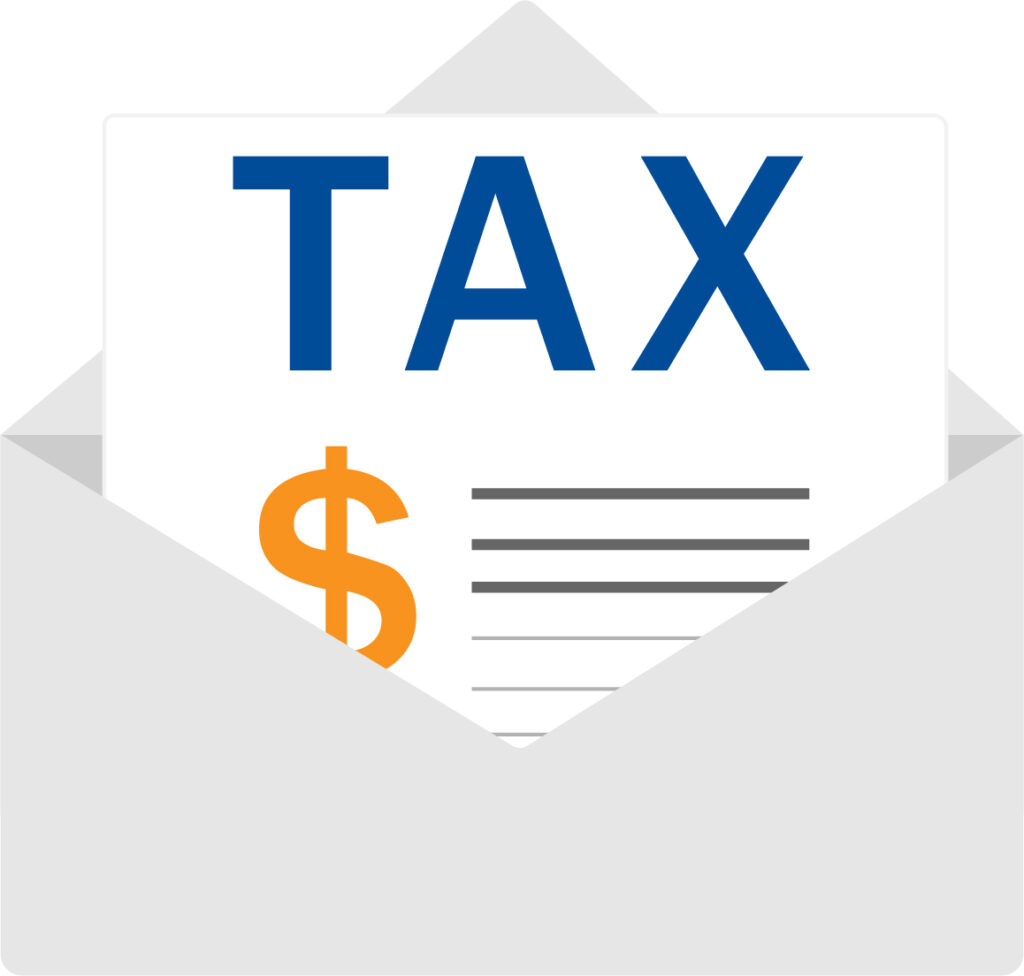 A grey envelope holds a sheet of white paper with the word "Tax" at the top of the paper.