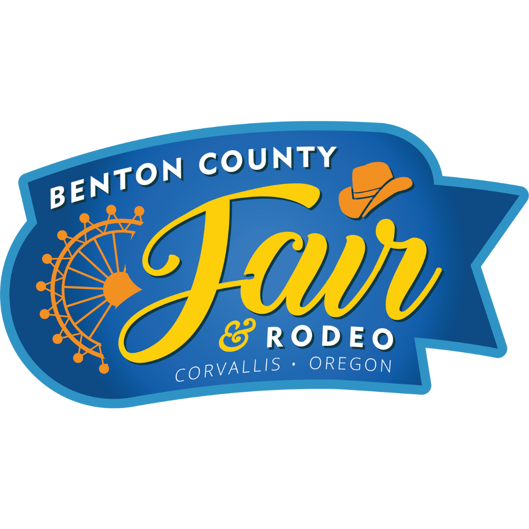 A blue ribbon with the words "Benton County" in white "Fair" in gold, and "Rodeo" in white. An orange ferris wheel sits off to the left and a brown cowboy hat dots the "i" in the word "Fair".
