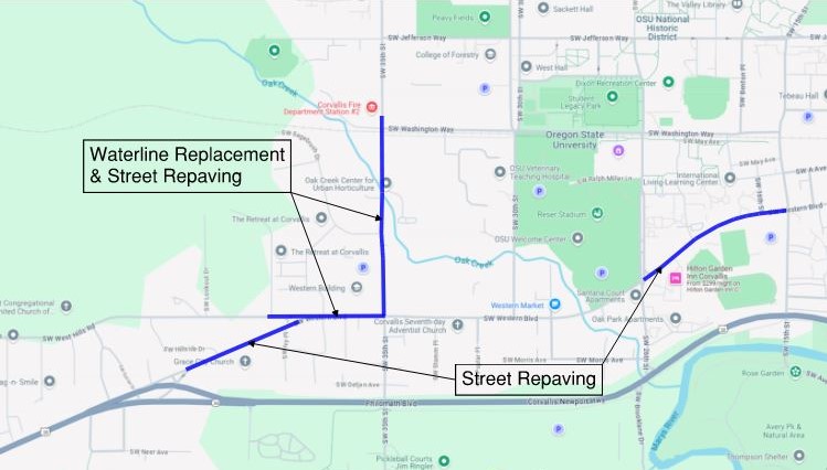 Map of waterline replacement and street repaving to begin March 24, 2025