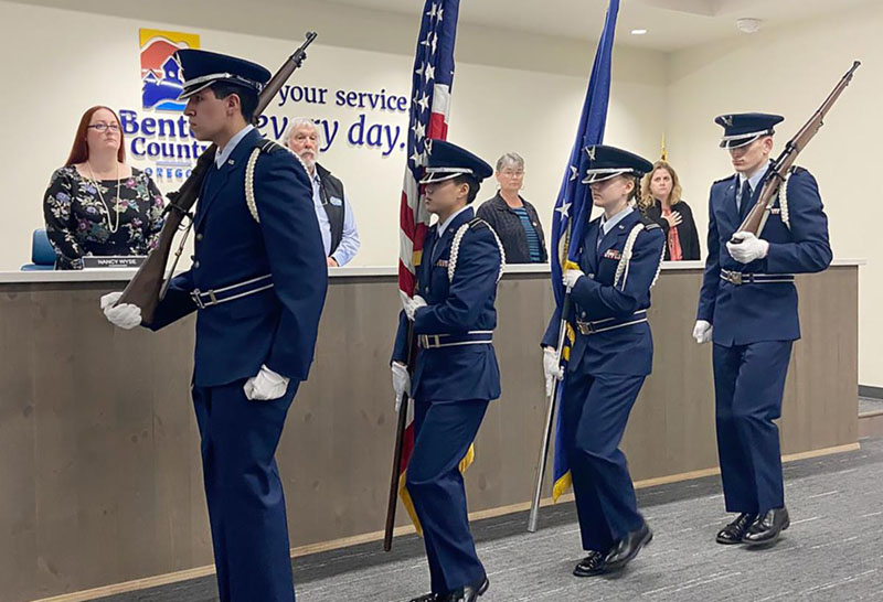 A military color guard at a Benton County Board of Commissioners meeting to commemorate Veterans Day 2023