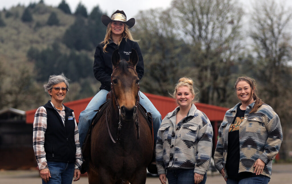 Kristi Schrock; 2026 Benton County Fair & Rodeo Queen Jessica McLennan with her horse, Willow; Adrienne Montgomery; and Jesse Crampton