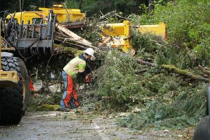 An emergency responder cuts up fallen trees with a chainsaw alongside large roadwork equipment.